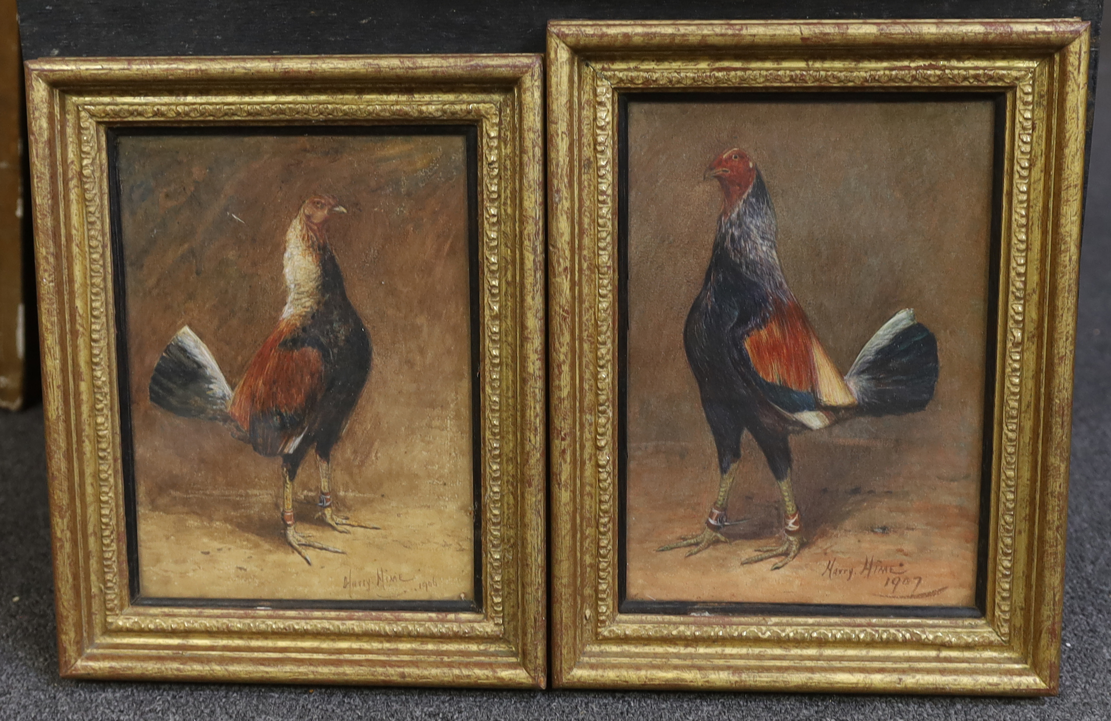 Harry T. Hine (British, 1845-1941), Fighting cocks, watercolours, a near pair, 23 x 17cm and 24.5 x 17cm